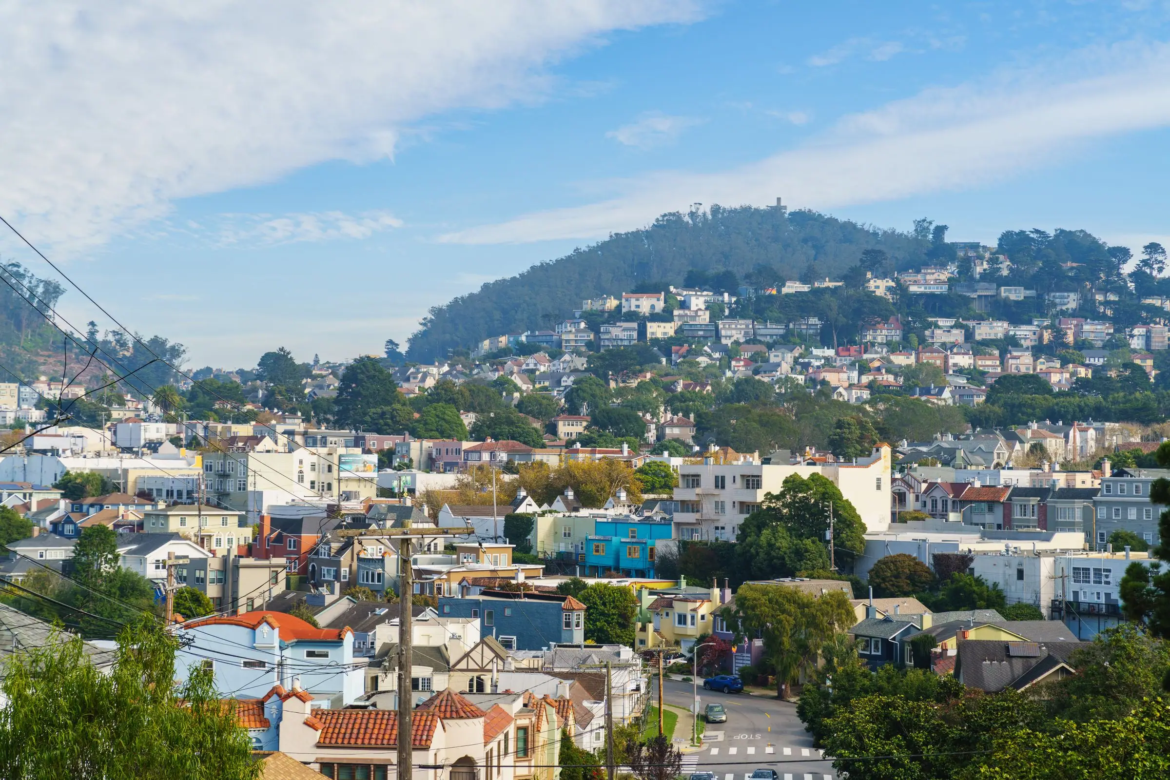 Hillside neighborhoods of colorful houses rising toward a wooded San Francisco hill on a clear day