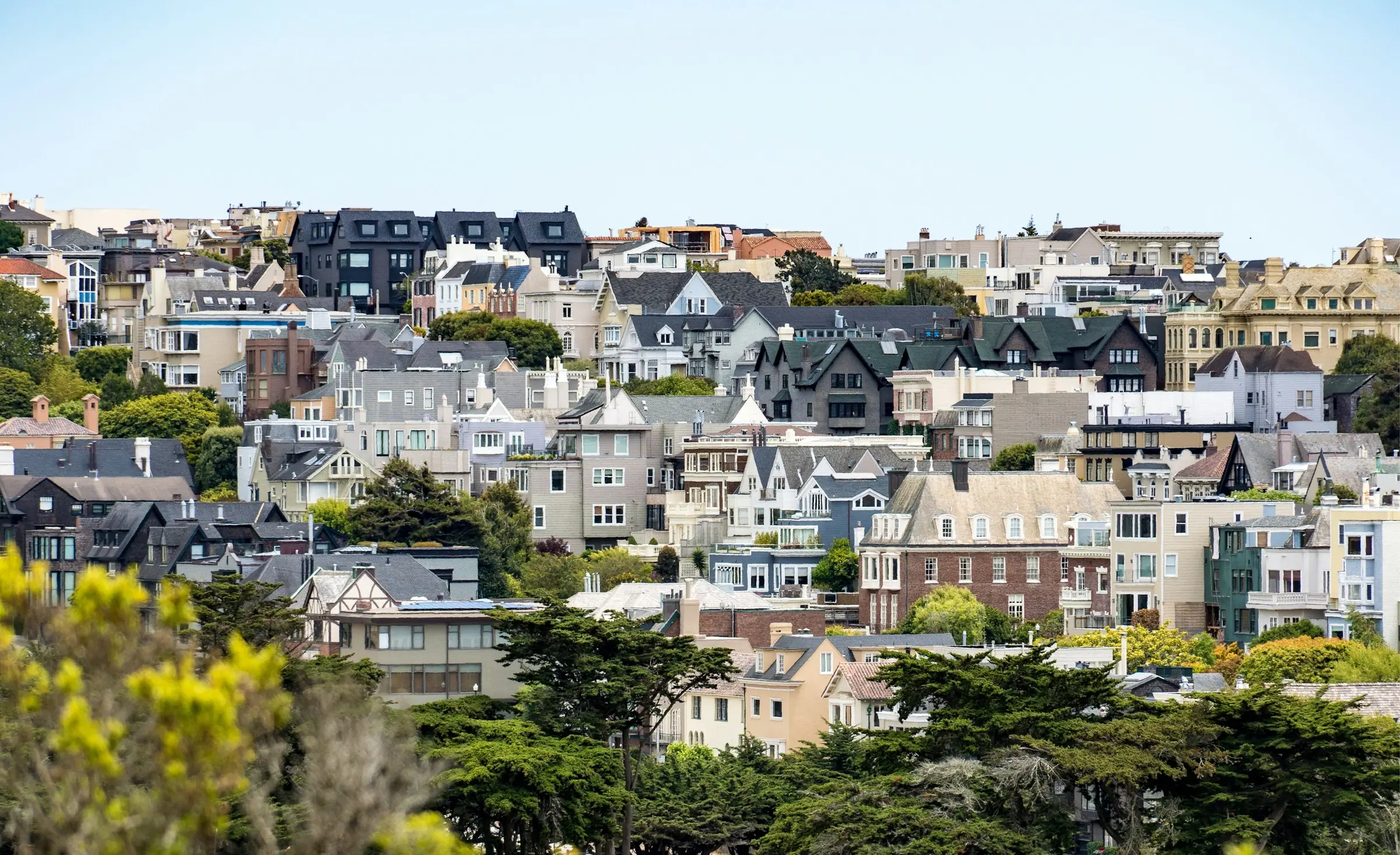 A hillside packed with Victorian and Edwardian homes above a line of cypress trees